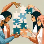 Women therapists collaboratively building a digital presence, represented by connecting puzzle pieces forming a website.