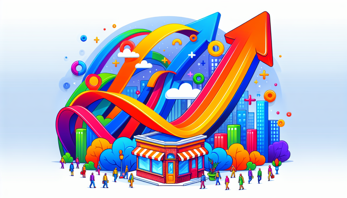 A vibrant cartoon graphic representation of a local business. The image includes the business located at the bottom, depicted as a quaint brick and mortar store with a vibrant sign. It's in a populous city with diverse people walking by. From this point, there is an upward trend of large, brightly colored arrows, signifying a rise. These arrows flow into a symbolic depiction of a search engine browser window at the top, as if demonstrating the local business rising in search engine rankings. The colors used are bright and attractive, engaging the viewer's attention immediately. A vibrant cartoon graphic representation of a local business. The image includes the business located at the bottom, depicted as a quaint brick and mortar store with a vibrant sign. It's in a populous city with diverse people walking by. From this point, there is an upward trend of large, brightly colored arrows, signifying a rise. These arrows flow into a symbolic depiction of a search engine browser window at the top, as if demonstrating the local business rising in search engine rankings. The colors used are bright and attractive, engaging the viewer's attention immediately.