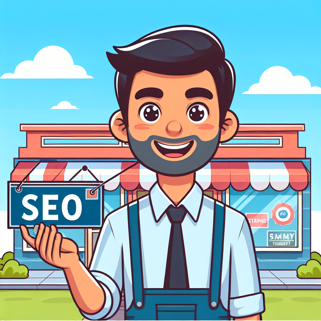 A vibrant cartoon image of a delighted local business owner with a South Asian descent, holding a sign that has the letters 'SEO' on it. He is standing in front of his store, which looks well-maintained and welcoming. The sky overhead is bright blue, signaling a good day for business. A vibrant cartoon image of a delighted local business owner with a South Asian descent, holding a sign that has the letters 'SEO' on it. He is standing in front of his store, which looks well-maintained and welcoming. The sky overhead is bright blue, signaling a good day for business.