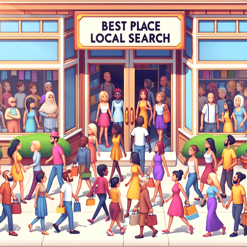 People are cheerfully entering the store, each one appearing attracted to the shop from different directions - some looking at the mobiles, others directly walking in from the sidewalk. An inconspicuous sign above the storefront reads 'Best Place Local Search'. Indicative of the scene is the positive impact of local SEO on attracting customers.