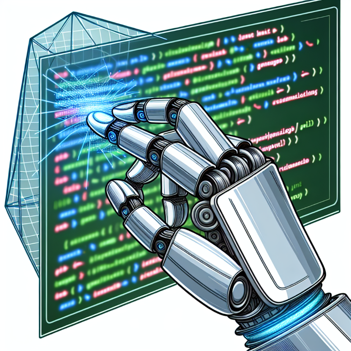 A detailed cartoon depiction of a metallic robotic hand, likely associated with AI technology, meticulously interacting with a visual represented as holograms of lines of coding. This code stands to represent the schema markup of a website. The color palette includes cool greys for the robot's hand and vibrant colors to highlight the active changes in the holographic code, such as greens or blues. The scene reflects a futuristic setting with a sleek, high-tech appearance. A detailed cartoon depiction of a metallic robotic hand, likely associated with AI technology, meticulously interacting with a visual represented as holograms of lines of coding. This code stands to represent the schema markup of a website. The color palette includes cool greys for the robot's hand and vibrant colors to highlight the active changes in the holographic code, such as greens or blues. The scene reflects a futuristic setting with a sleek, high-tech appearance.