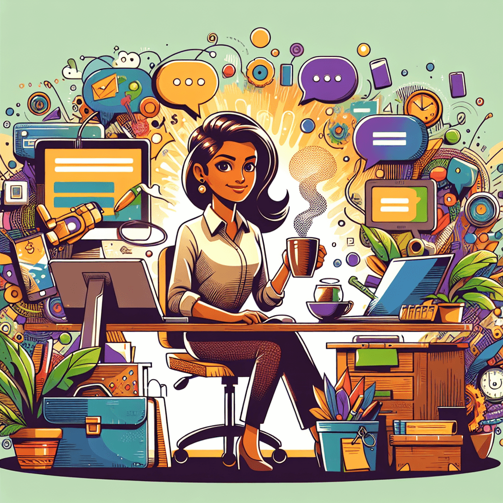 A business owner calmly working or sipping coffee while screens, phones, and chat bubbles automate tasks around them. A business owner calmly working or sipping coffee while screens, phones, and chat bubbles automate tasks around them.