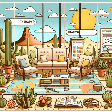 Illustration of a Tucson therapy office with SEO elements, Illustration of a Tucson therapy office with SEO elements,