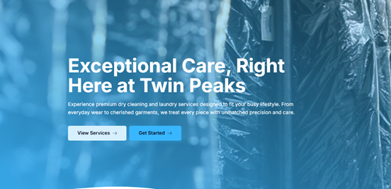 Twin Peaks Cleaners homepage showing dry cleaning services