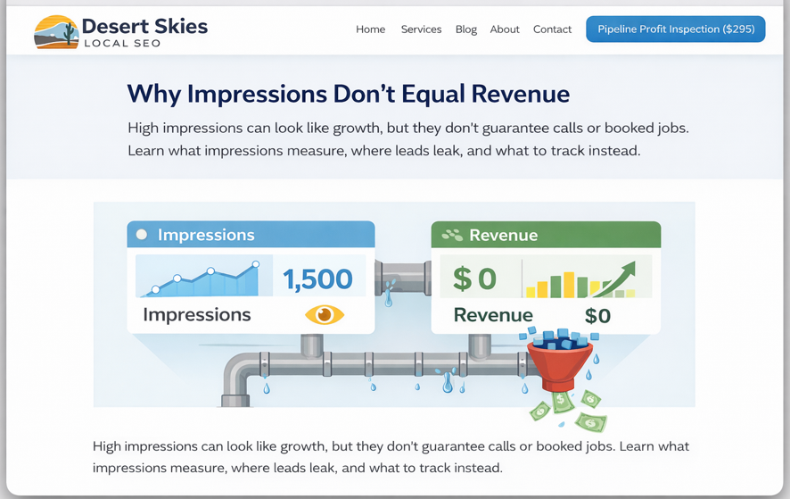 Illustration showing high impressions but low revenue due to leaks in the visibility-to-booked-jobs pipeline