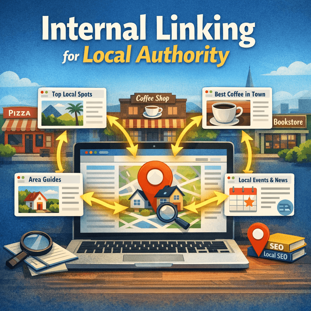 Internal linking for local authority showing homepage, service pages, city pages, and support content connected in a clear local SEO structure