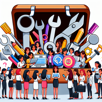 SEO for women businesses shows a toolbox of SEO items with women business owners carefully considering them for their businesses. SEO for women businesses shows a toolbox of SEO items with women business owners carefully considering them for their businesses.