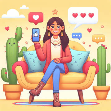 A friendly female therapist character sitting on a cactus-shaped couch, holding a smartphone with social media icons floating around her.