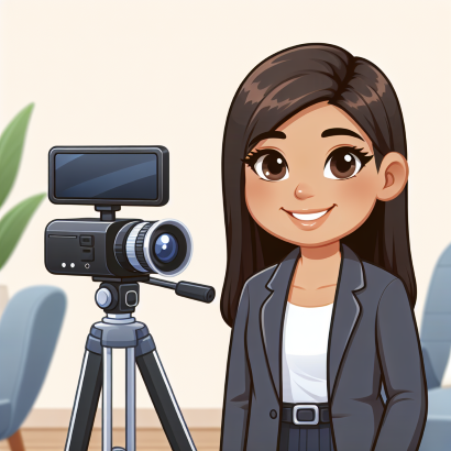 A friendly cartoon therapist standing next to a video camera on a tripod for therapy practice video marketing.