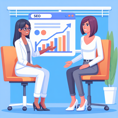 Cartoon image of a SEO Specialist helping a therapist measure SEO success on a giant graph.