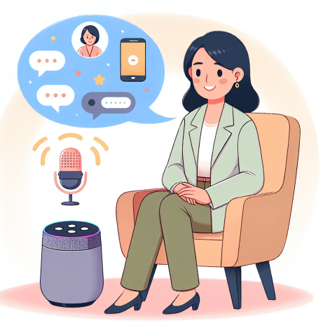 Cartoon therapist in Tucson office with voice search icons in a speech bubble.