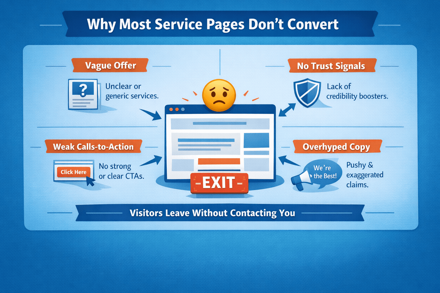 Why most service pages don’t convert due to weak structure, poor clarity, low trust, and bad call-to-action flow