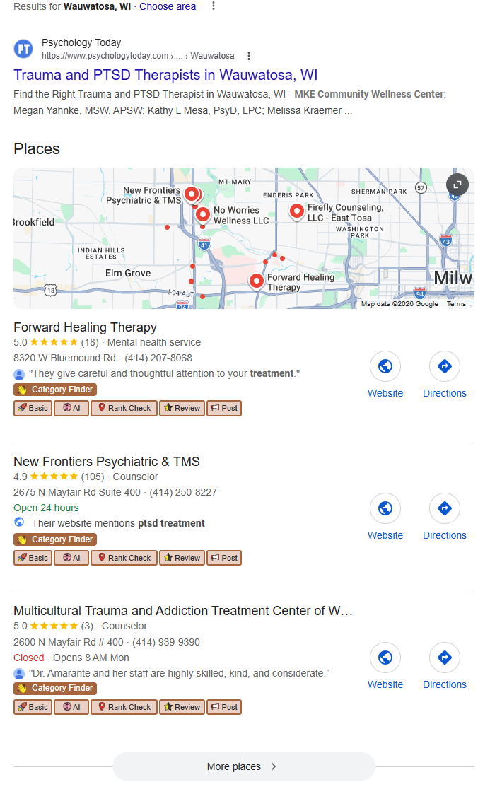 Search results for trauma therapist showing local demand and competition