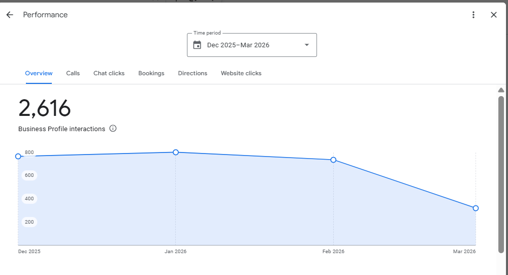 Google Business Profile overview showing visibility and activity