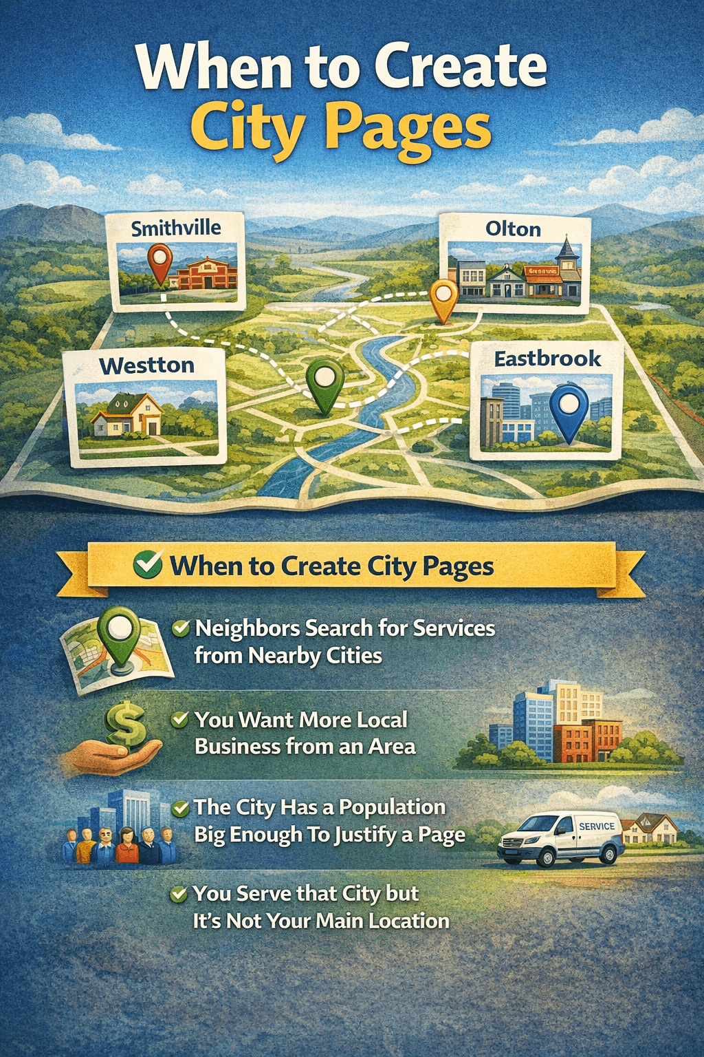 When to create city pages for local SEO, showing how city pages should support service pages and local authority instead of creating thin content