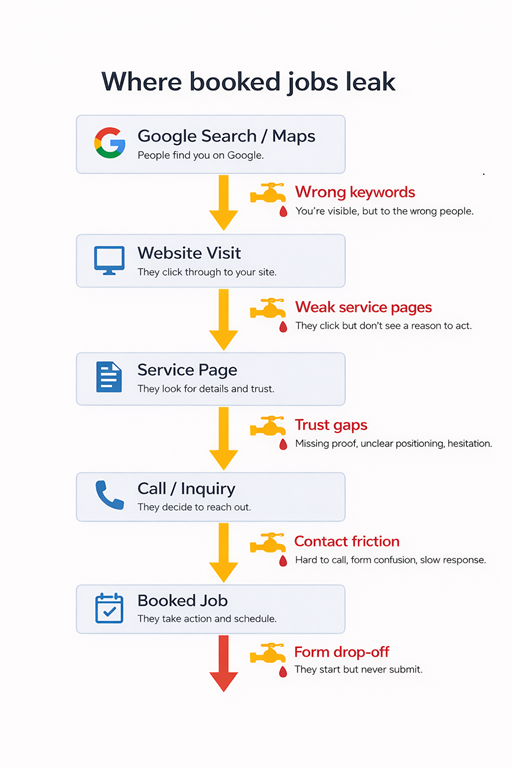 Where booked jobs leak between Google visibility and booked jobs